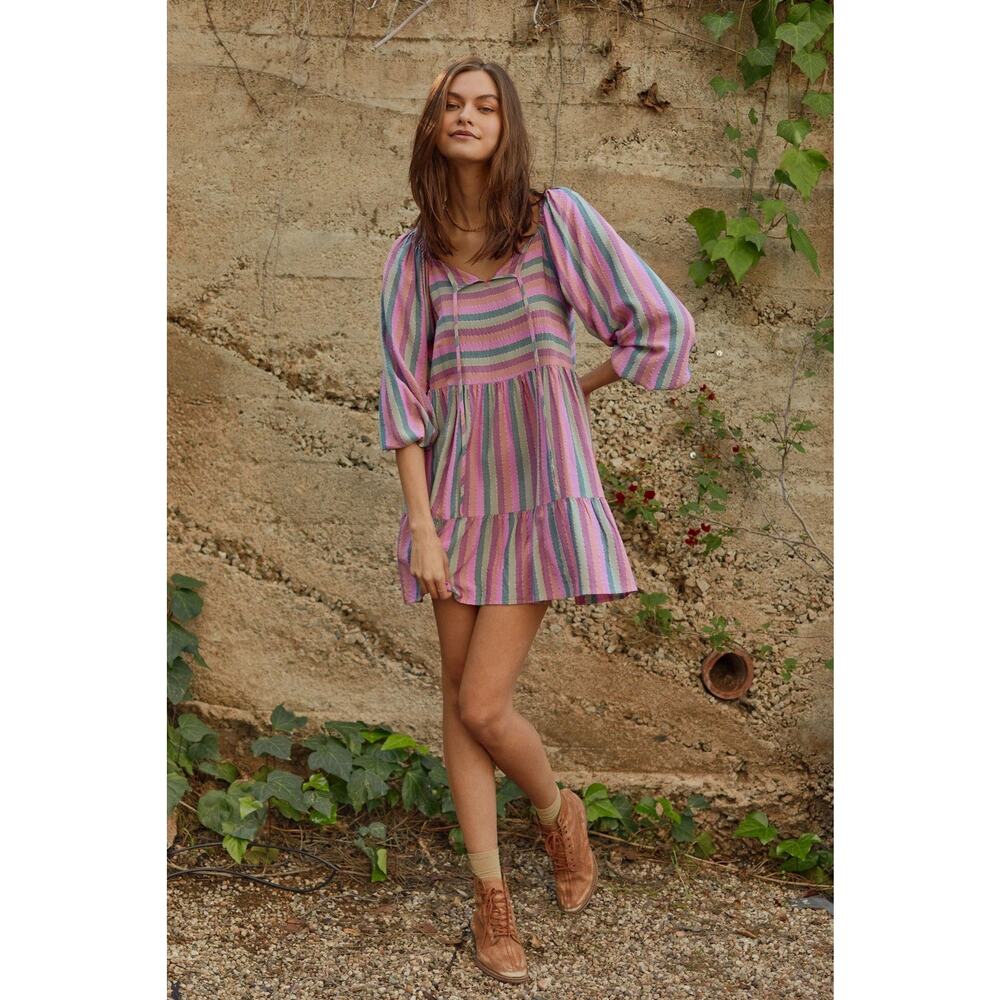 Anthropologie Self Contrast Kaley Baby Doll Mini Dress Pink Striped S